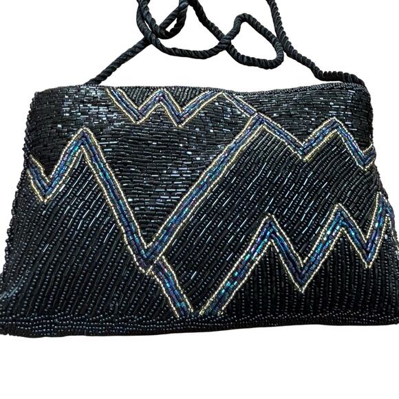 Vintage 1980’s black & blue beaded evening bag flapper prom purse mod geometric - Picture 2 of 12